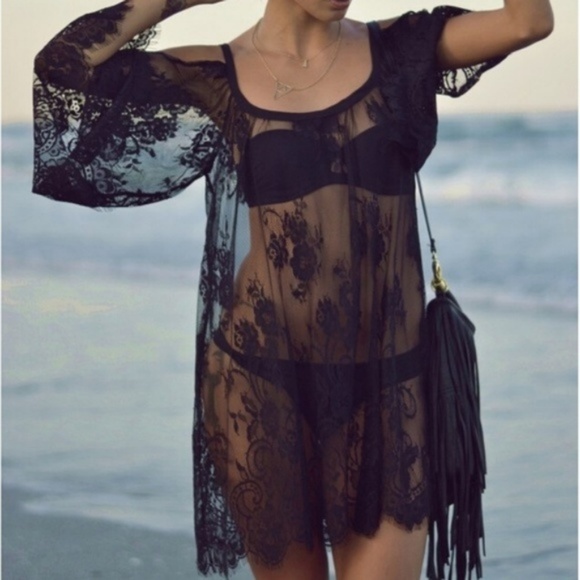 Black Lace Cold Shoulder Chemise Dress Cover Up - Picture 5 of 7